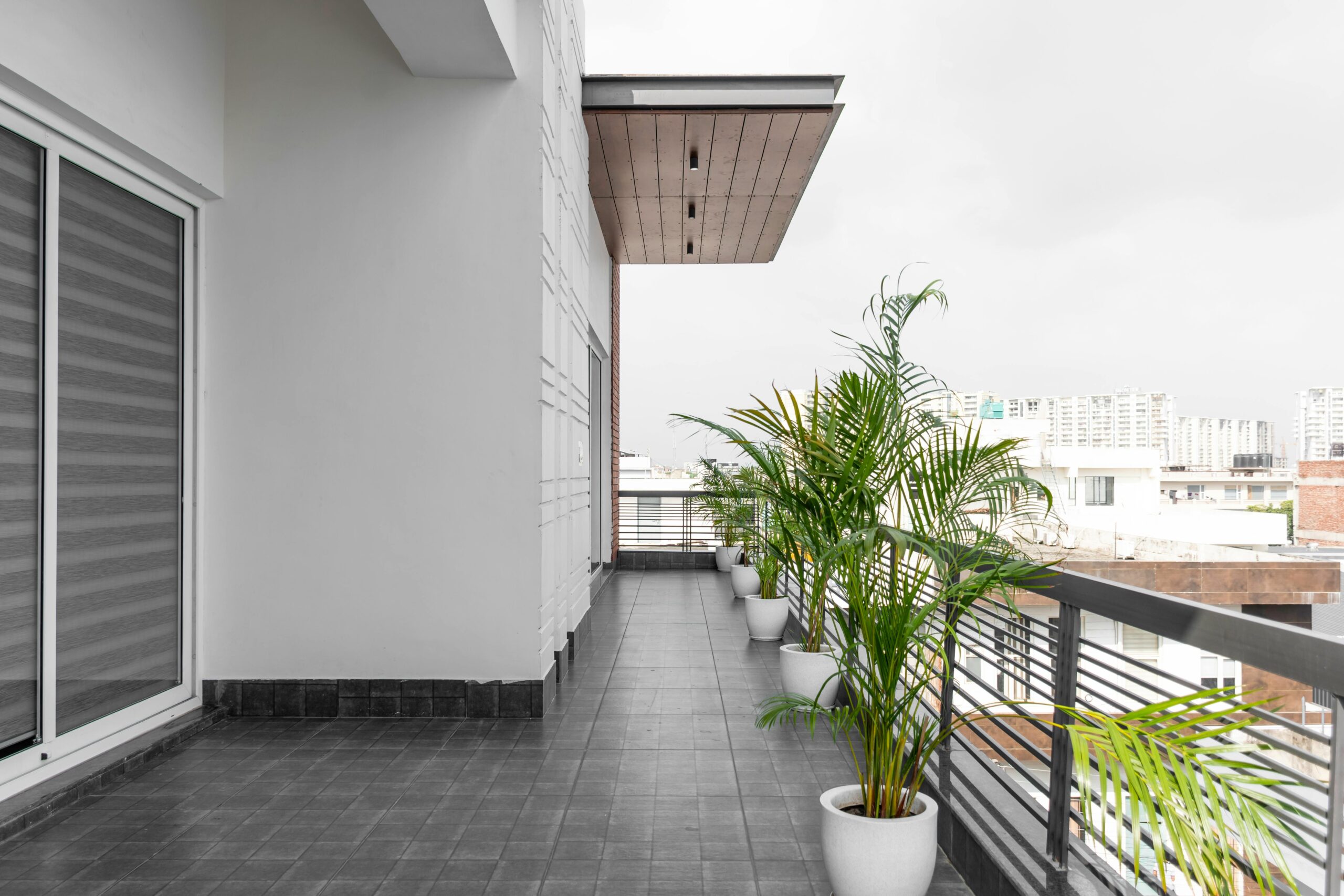 Modern balcony featuring potted palms and cityscape view in Sahibzada Ajit Singh Nagar.